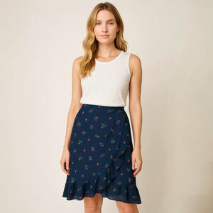 Women's Banana Republic Wrap Skirt Size 8 Blue Cherry Print Ruffle A-Line